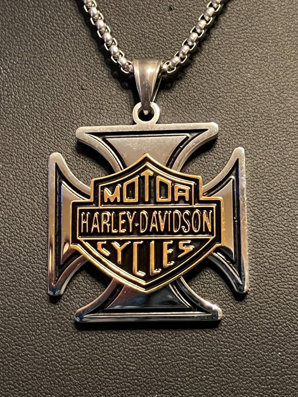2-Tone Stainless Steel Harley Iron Cross Pendant Necklace (483)